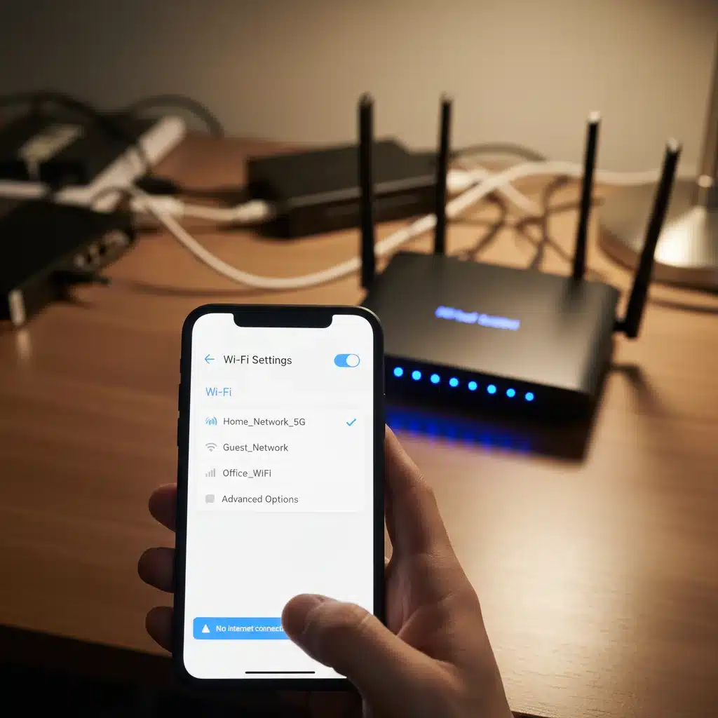 Hand navigating Wi-Fi settings on a smartphone to troubleshoot network issues