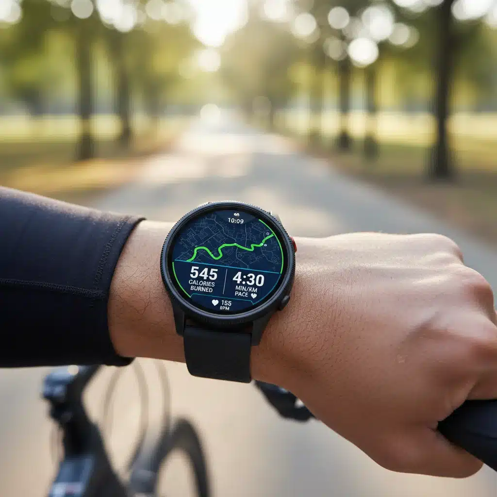 Smartwatch screen displaying detailed fitness tracking metrics during a run.