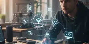 Person confidently troubleshooting tech issues on a holographic screen