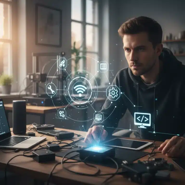 Person confidently troubleshooting tech issues on a holographic screen
