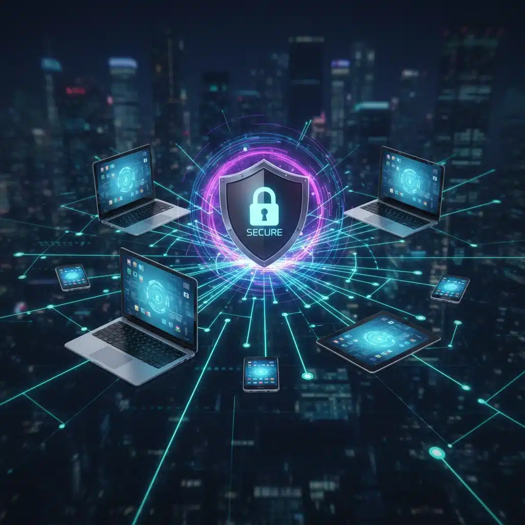Encrypted data flowing securely through a VPN network across various devices.