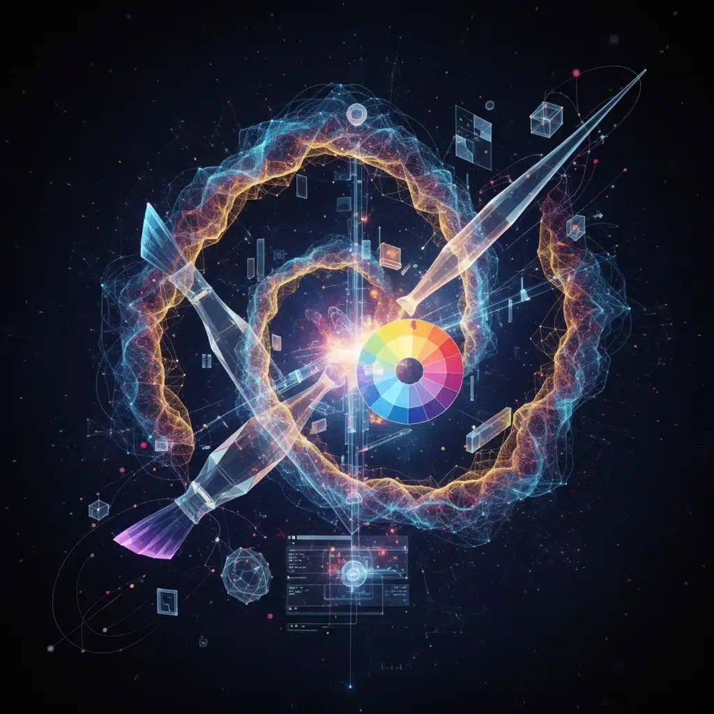 Abstract AI neural networks merging with digital art tools, representing advanced creative software