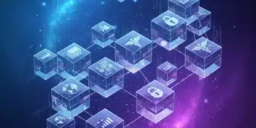 Futuristic blockchain network with industry icons for enterprise applications
