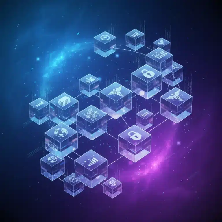 Futuristic blockchain network with industry icons for enterprise applications