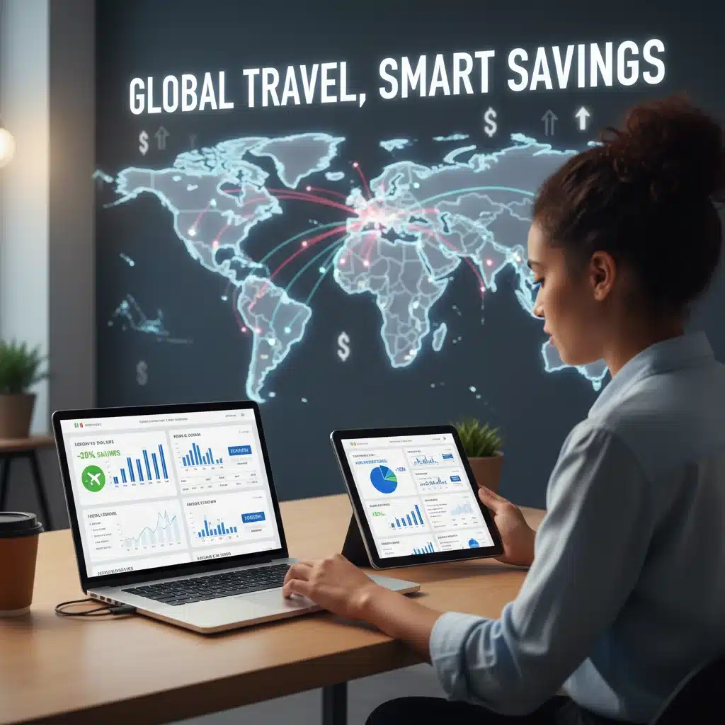 Traveler comparing flight and hotel deals on multiple devices to maximize savings.