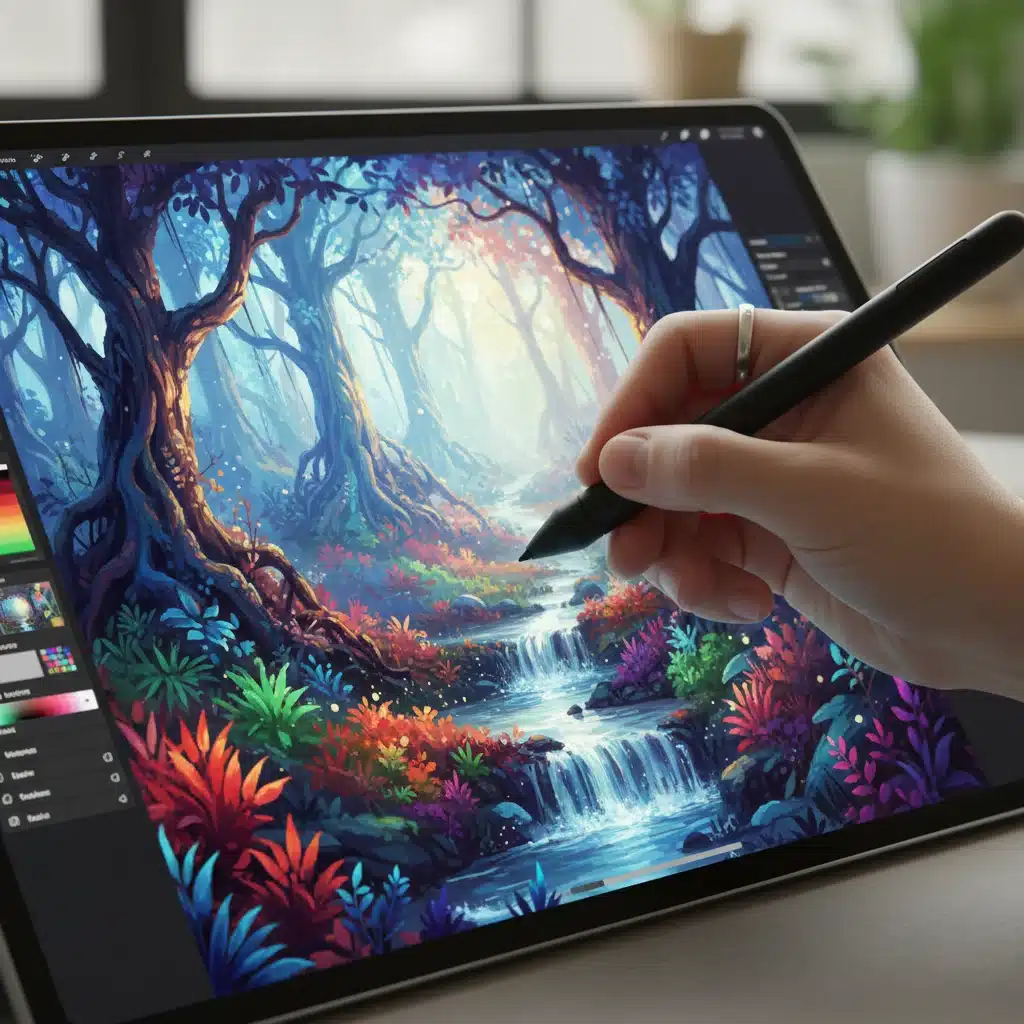 Designer's hand with stylus on tablet creating intricate digital painting with innovative art app features