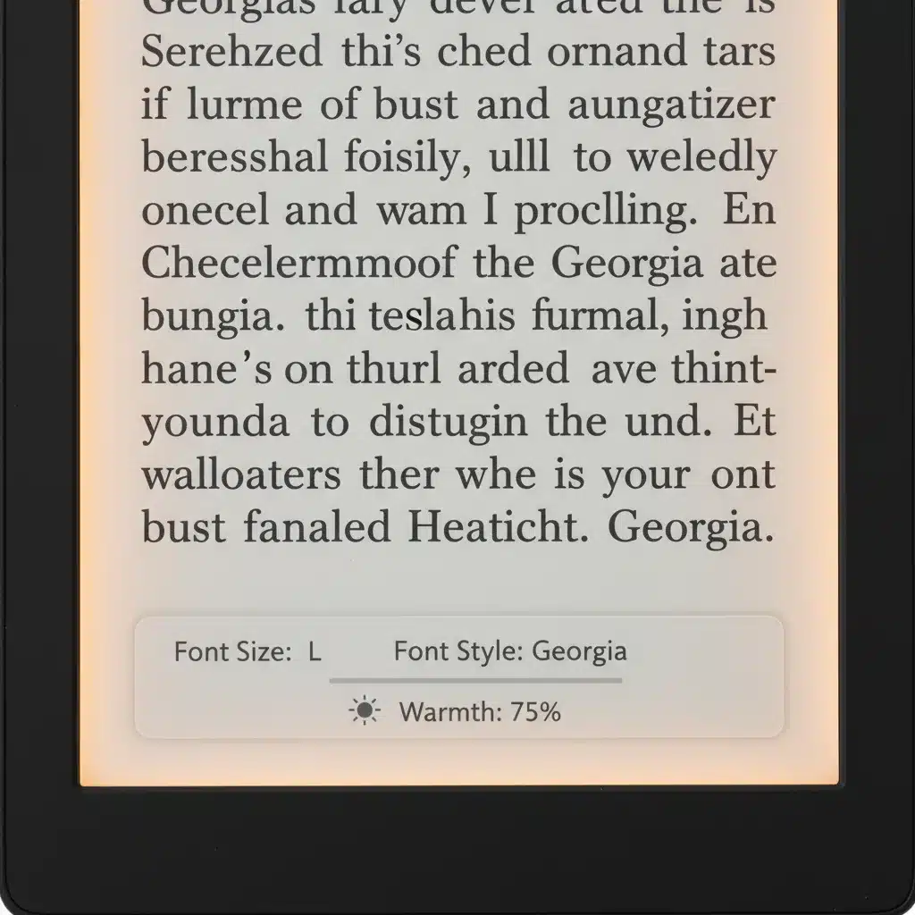 Close-up of an e-reader screen with clear text and warm backlight for comfortable reading.