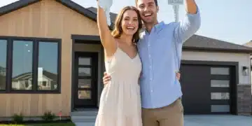 Happy couple with keys in front of their new home, first home buyer success