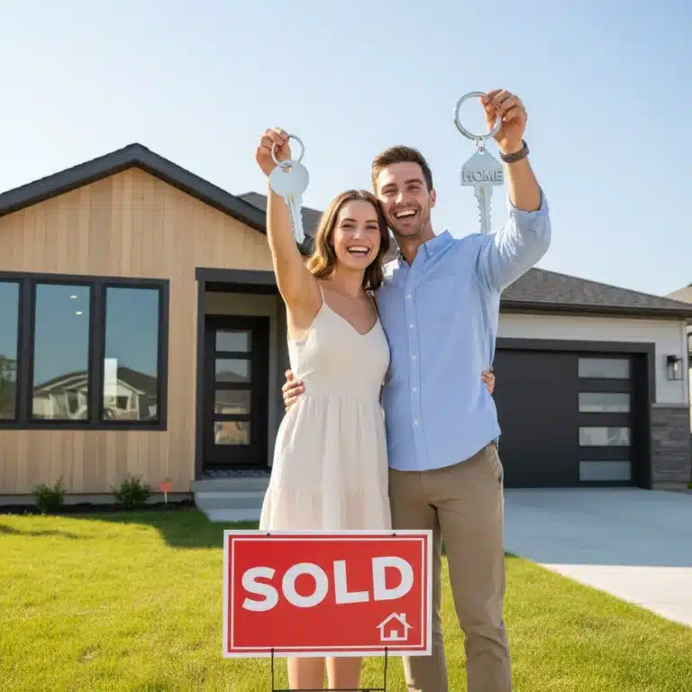Happy couple with keys in front of their new home, first home buyer success