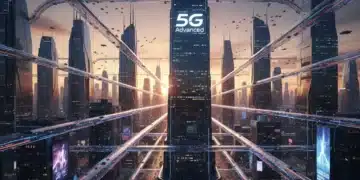 Futuristic cityscape with glowing digital lines symbolizing 5G Advanced connectivity in the US.
