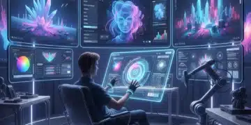 Futuristic designer creating digital art on a holographic tablet, surrounded by innovative app interfaces