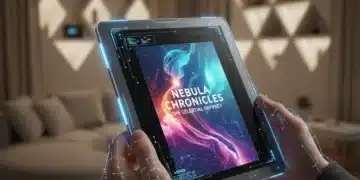 Futuristic e-reader displaying a colorful digital book, held by hands, symbolizing advanced reading technology.