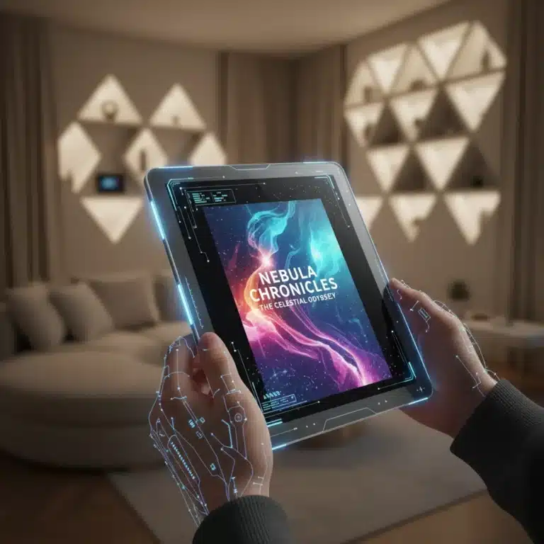 Futuristic e-reader displaying a colorful digital book, held by hands, symbolizing advanced reading technology.