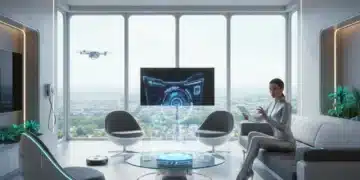 Futuristic smart home living room with integrated devices and tablet control