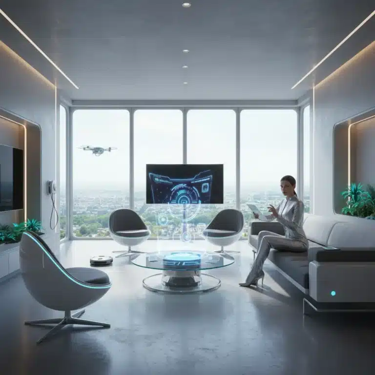 Futuristic smart home living room with integrated devices and tablet control