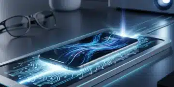 Futuristic wireless charging pad powering a smartphone rapidly