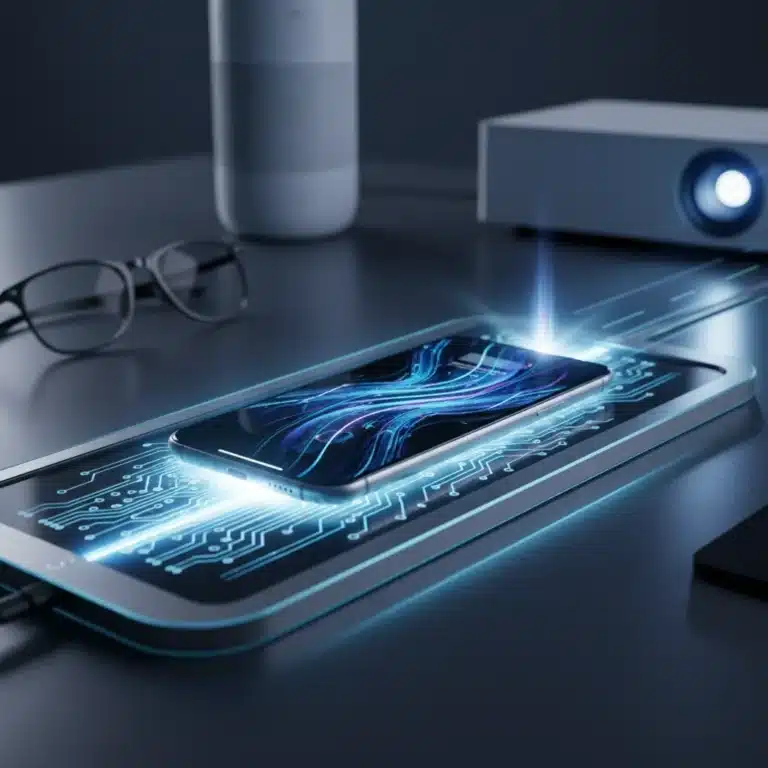 Futuristic wireless charging pad powering a smartphone rapidly