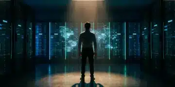 Person in a server room observing a holographic display of interconnected digital data streams and AI integration, symbolizing app evolution and cross-platform functionality.