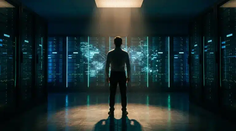 Person in a server room observing a holographic display of interconnected digital data streams and AI integration, symbolizing app evolution and cross-platform functionality.