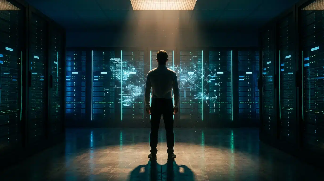 Person in a server room observing a holographic display of interconnected digital data streams and AI integration, symbolizing app evolution and cross-platform functionality.