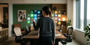 Mastering Your Digital Toolkit: An Updated Guide to App Spotlights A person engaging with a holographic display showcasing numerous app icons, highlighting standout applications in a modern workspace, under soft natural light.