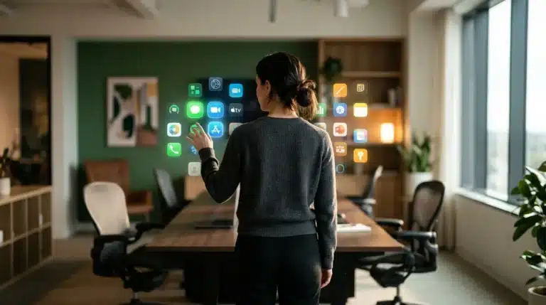 A person engaging with a holographic display showcasing numerous app icons, highlighting standout applications in a modern workspace, under soft natural light.