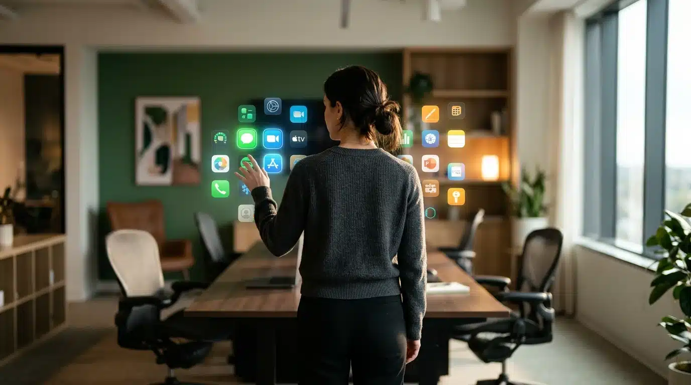 A person engaging with a holographic display showcasing numerous app icons, highlighting standout applications in a modern workspace, under soft natural light.