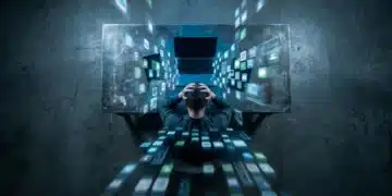 A person sitting at a steel desk, head in hands, surrounded by a cascade of glowing app icons and data streams, symbolizing the rapid pace of digital innovation.