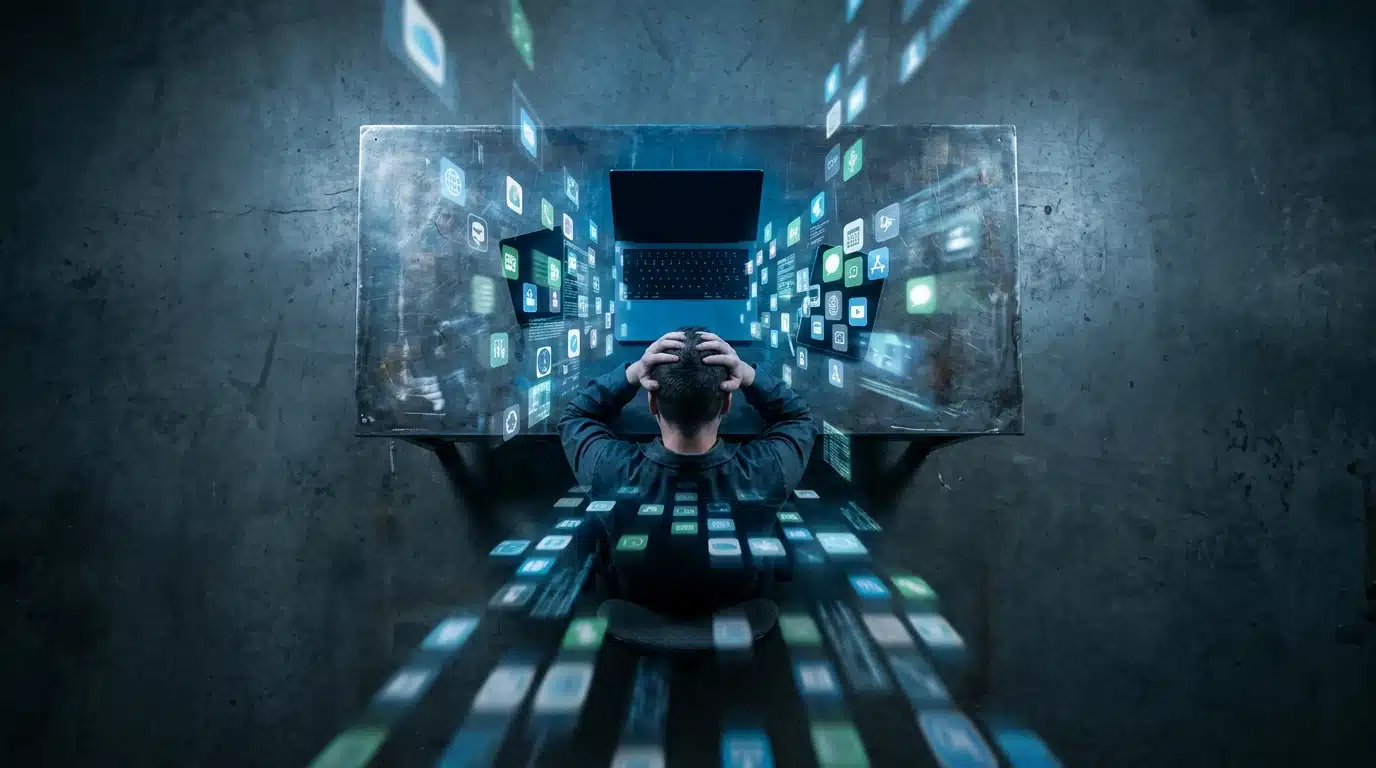 A person sitting at a steel desk, head in hands, surrounded by a cascade of glowing app icons and data streams, symbolizing the rapid pace of digital innovation.