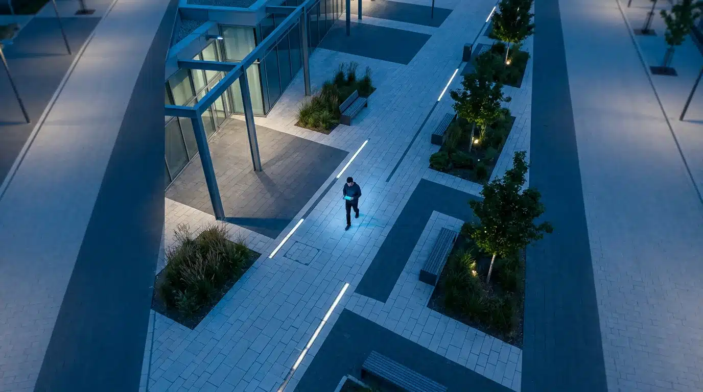 Aerial view of a person walking through a modern city plaza at dusk, holding a glowing tablet, demonstrating navigation through digital trends.