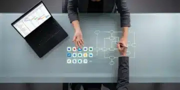 An expert conducting a digital needs assessment, sketching a workflow diagram with glowing green lines and app icons on a frosted glass desk, illustrating strategic app selection.