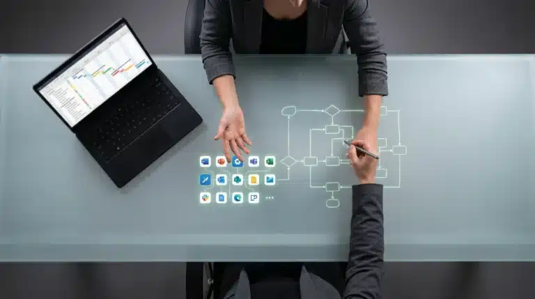 An expert conducting a digital needs assessment, sketching a workflow diagram with glowing green lines and app icons on a frosted glass desk, illustrating strategic app selection.