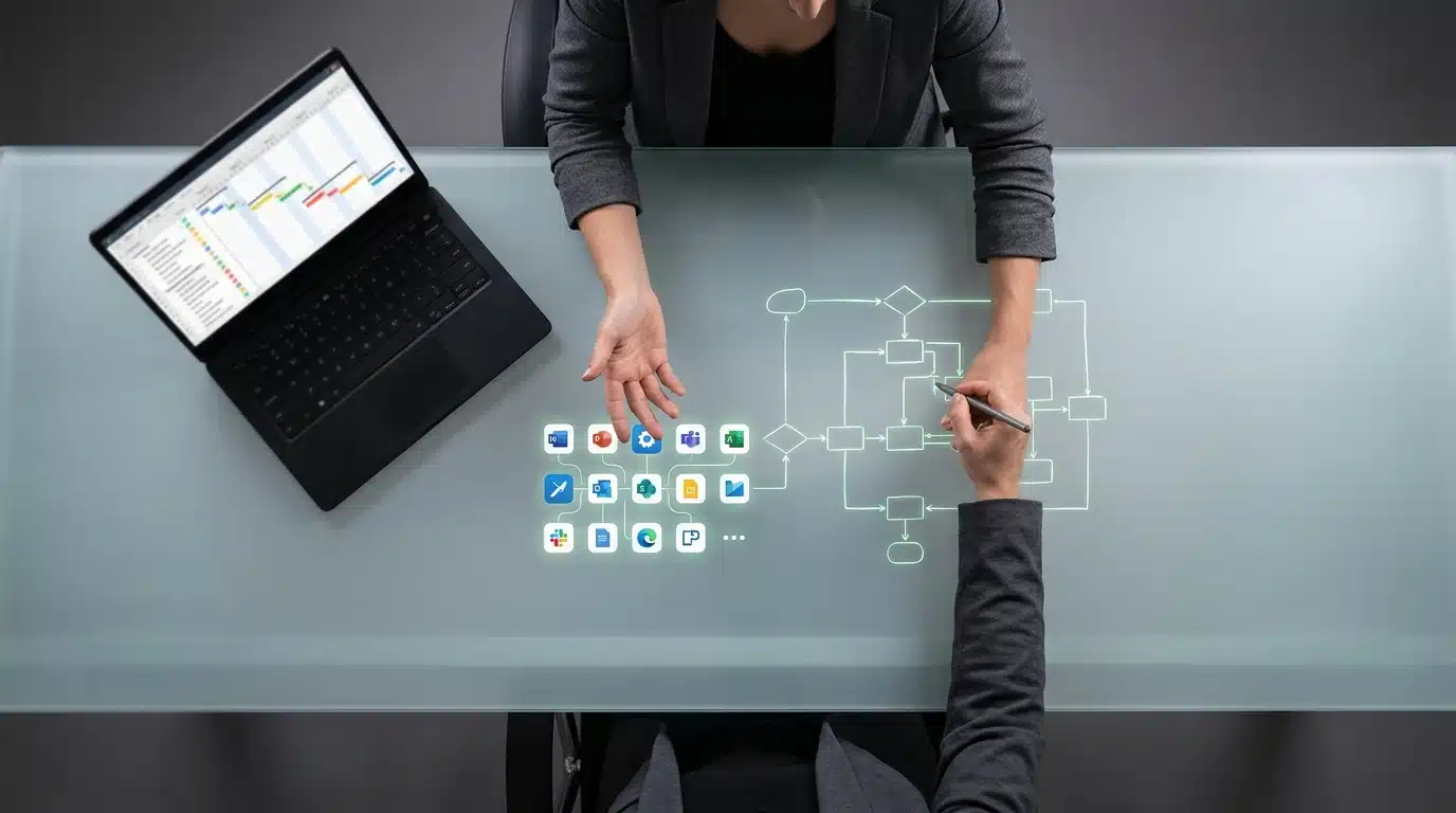 An expert conducting a digital needs assessment, sketching a workflow diagram with glowing green lines and app icons on a frosted glass desk, illustrating strategic app selection.