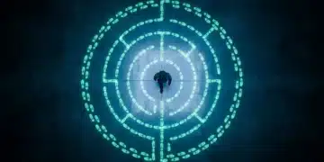 An aerial drone shot of a person navigating a complex, glowing green digital maze on a dark, reflective floor, symbolizing the pitfalls of chasing new tech trends.