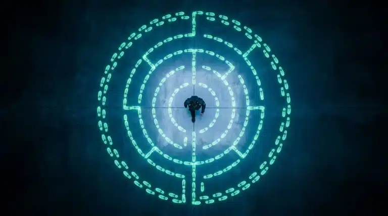 An aerial drone shot of a person navigating a complex, glowing green digital maze on a dark, reflective floor, symbolizing the pitfalls of chasing new tech trends.