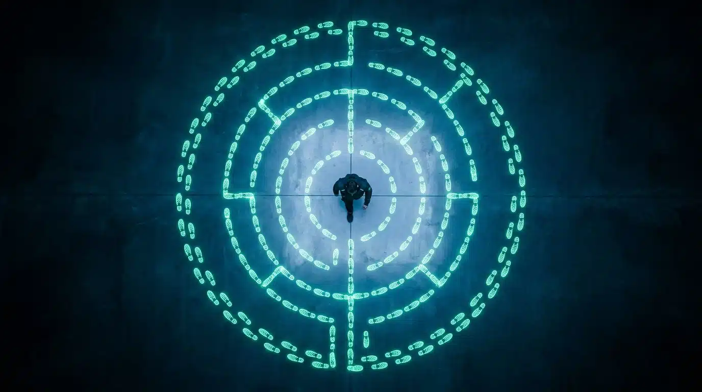 An aerial drone shot of a person navigating a complex, glowing green digital maze on a dark, reflective floor, symbolizing the pitfalls of chasing new tech trends.