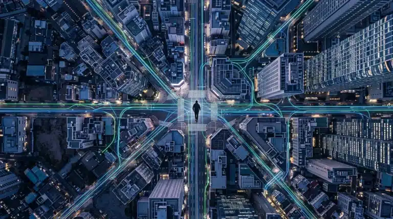 Aerial view of a person navigating a complex, glowing digital cityscape at dusk, representing the vast and overwhelming tech marketplace.