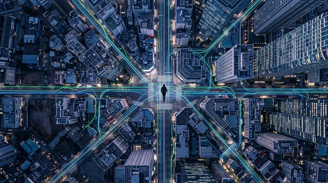 Aerial view of a person navigating a complex, glowing digital cityscape at dusk, representing the vast and overwhelming tech marketplace.