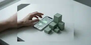 A person's hand hovering over a smartphone displaying app icons on a white desk, with geometric blocks representing data-driven decisions and app adoption trends.