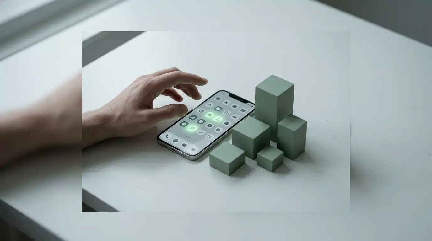 A person's hand hovering over a smartphone displaying app icons on a white desk, with geometric blocks representing data-driven decisions and app adoption trends.