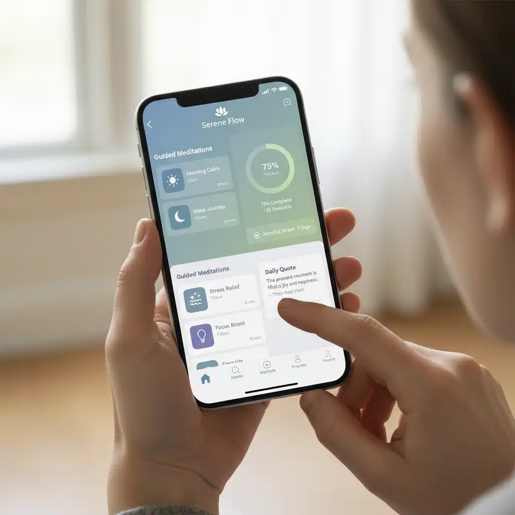 Smartphone displaying a guided meditation app interface with progress tracking and calming visuals.
