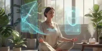 Person meditating peacefully using a mental wellness app on a tablet in a modern, serene setting.