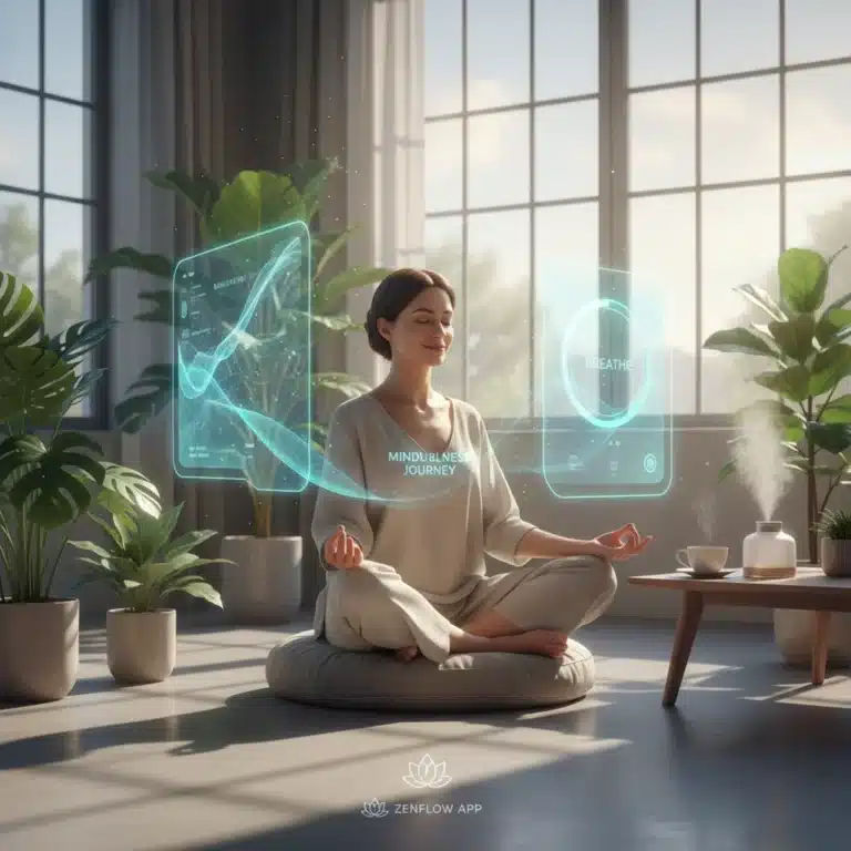Person meditating peacefully using a mental wellness app on a tablet in a modern, serene setting.