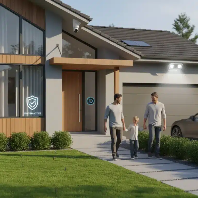 Modern home with comprehensive home security camera system installed