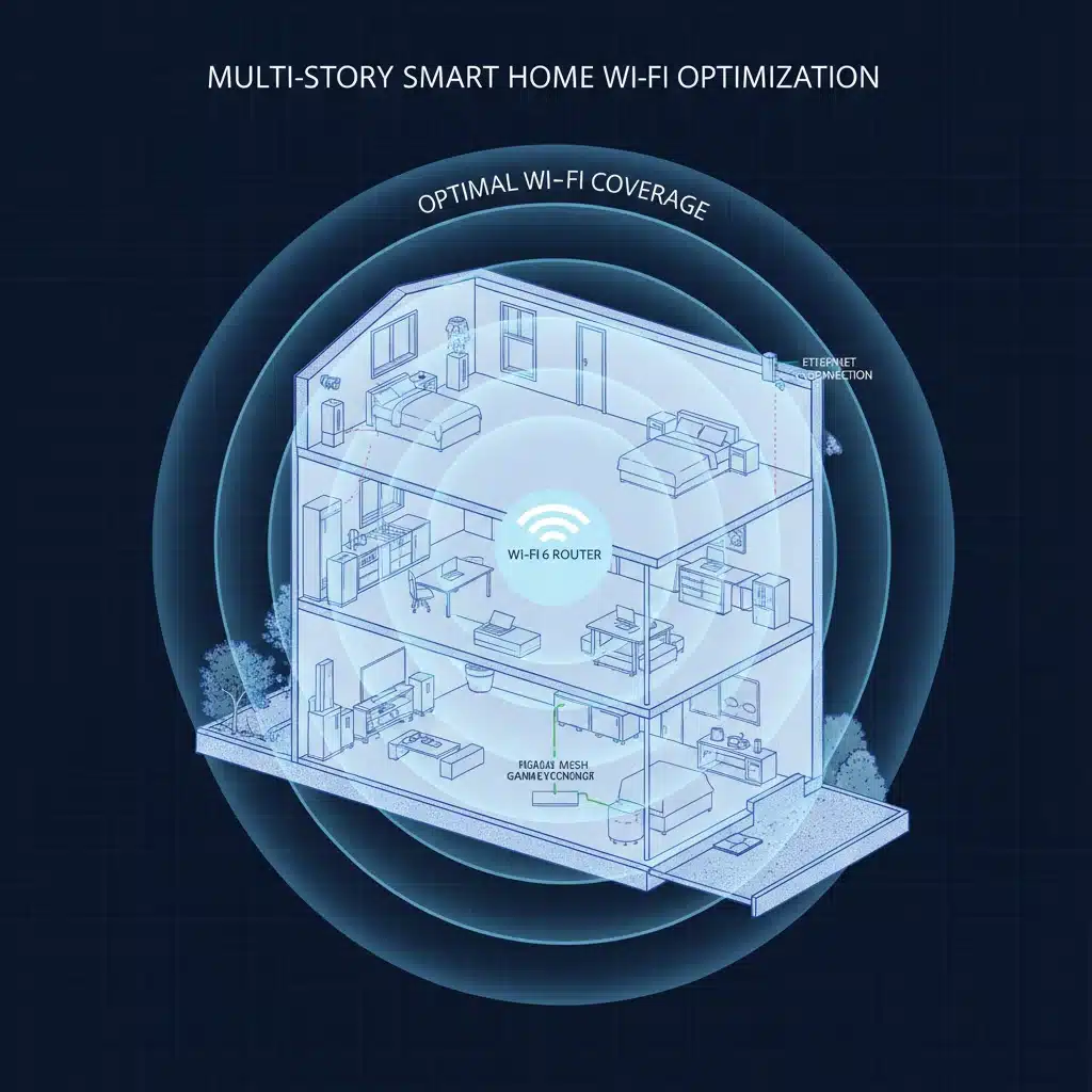 Diagram showing optimal router placement for whole-home Wi-Fi coverage.