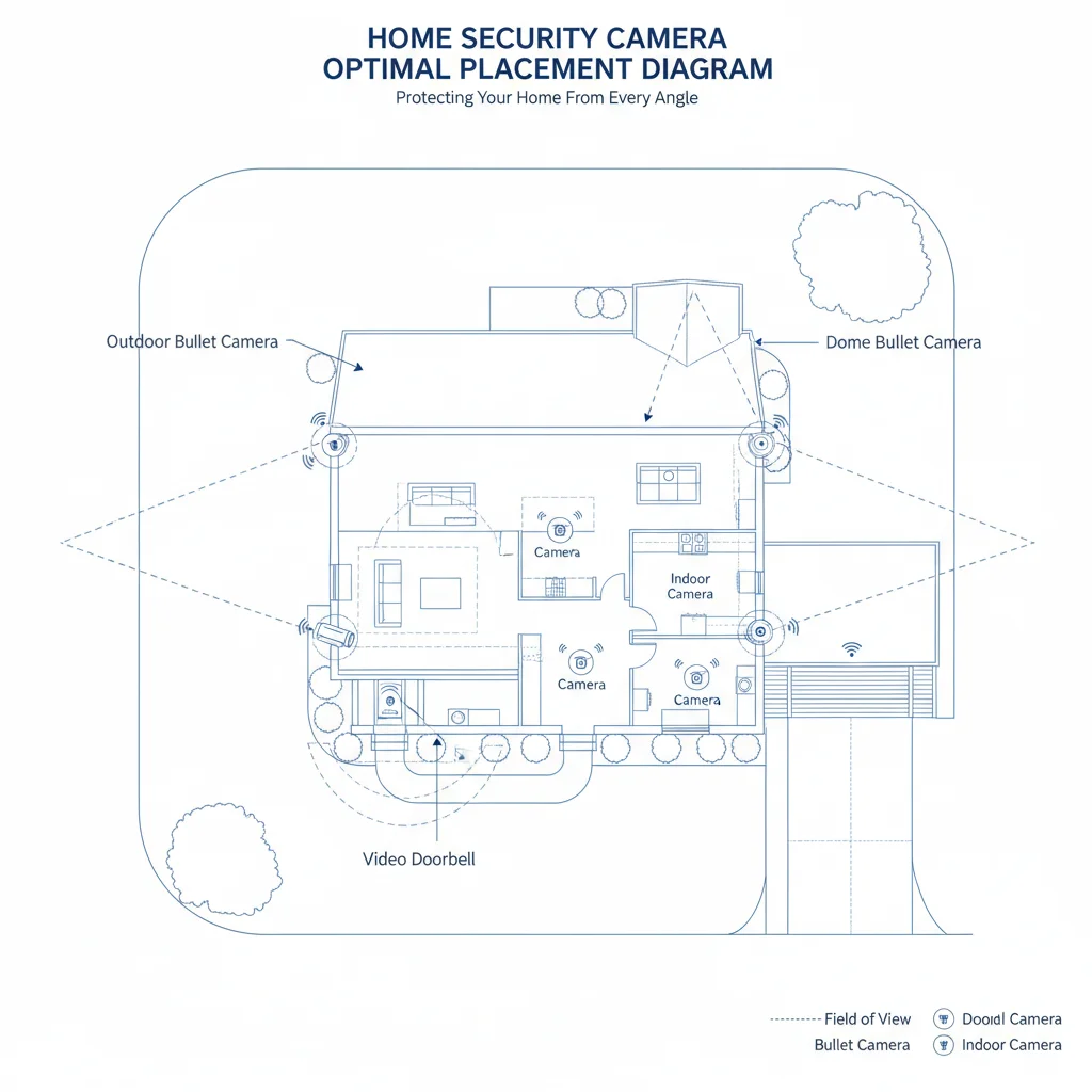 Diagram of optimal home security camera placement around a house