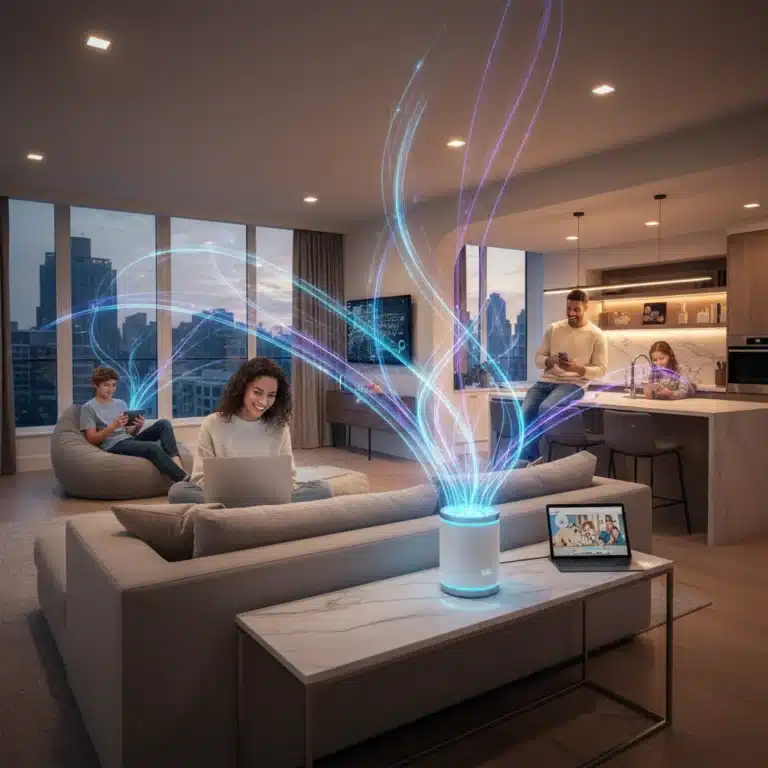Family enjoying seamless high-speed 5G home internet with optimized Wi-Fi network.