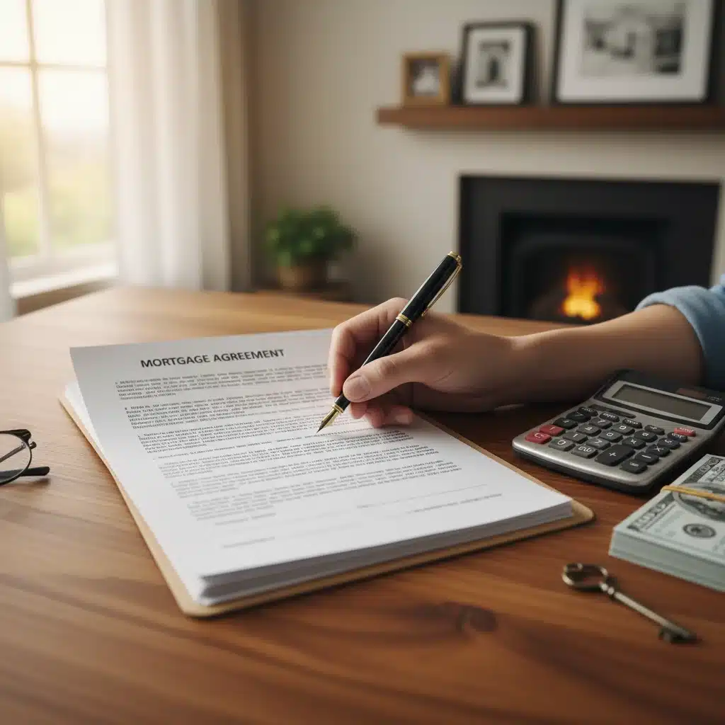 Hand signing mortgage documents, financial planning, home loan application