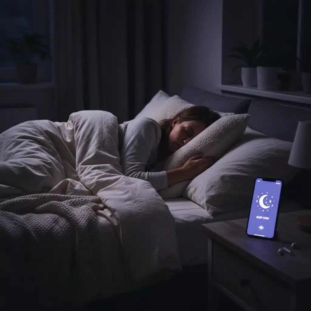Individual experiencing deep, restorative sleep after using a meditation app's sleep aid features.