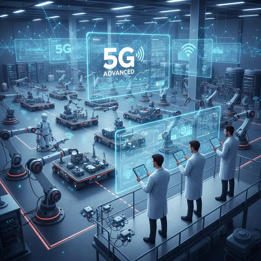 Smart factory with robots and engineers, showcasing 5G Advanced industrial IoT applications.